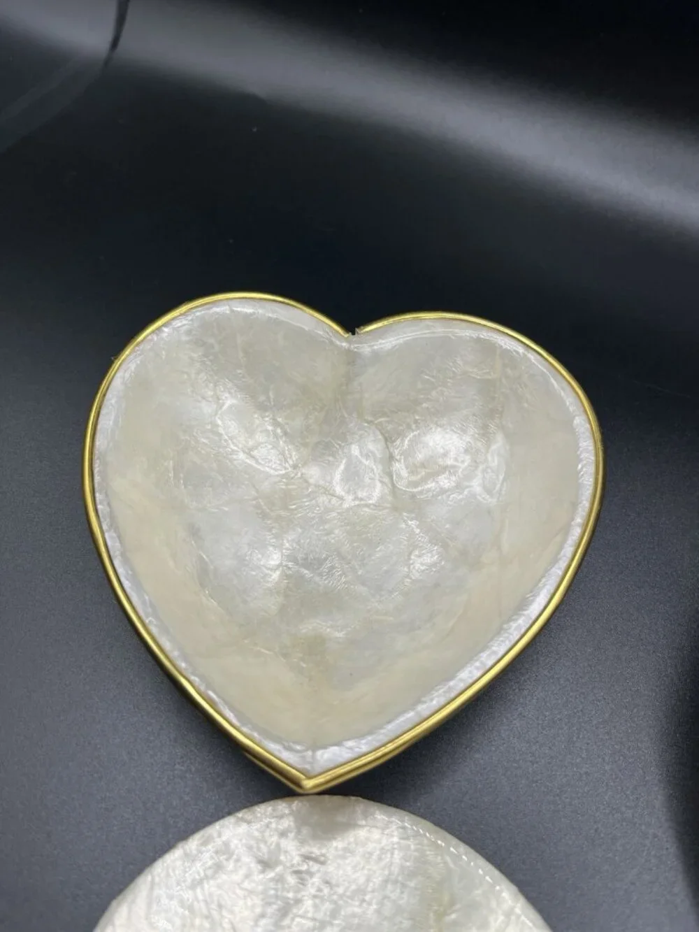VTG Capiz Shell Heart Trinket Bowls & Plate Set Gold Trim Philippines Cottage